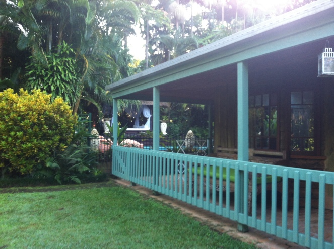 A shot of "The Retreat," a two bedroom one bath, beautifully appointed cottage looking on to the private pool.